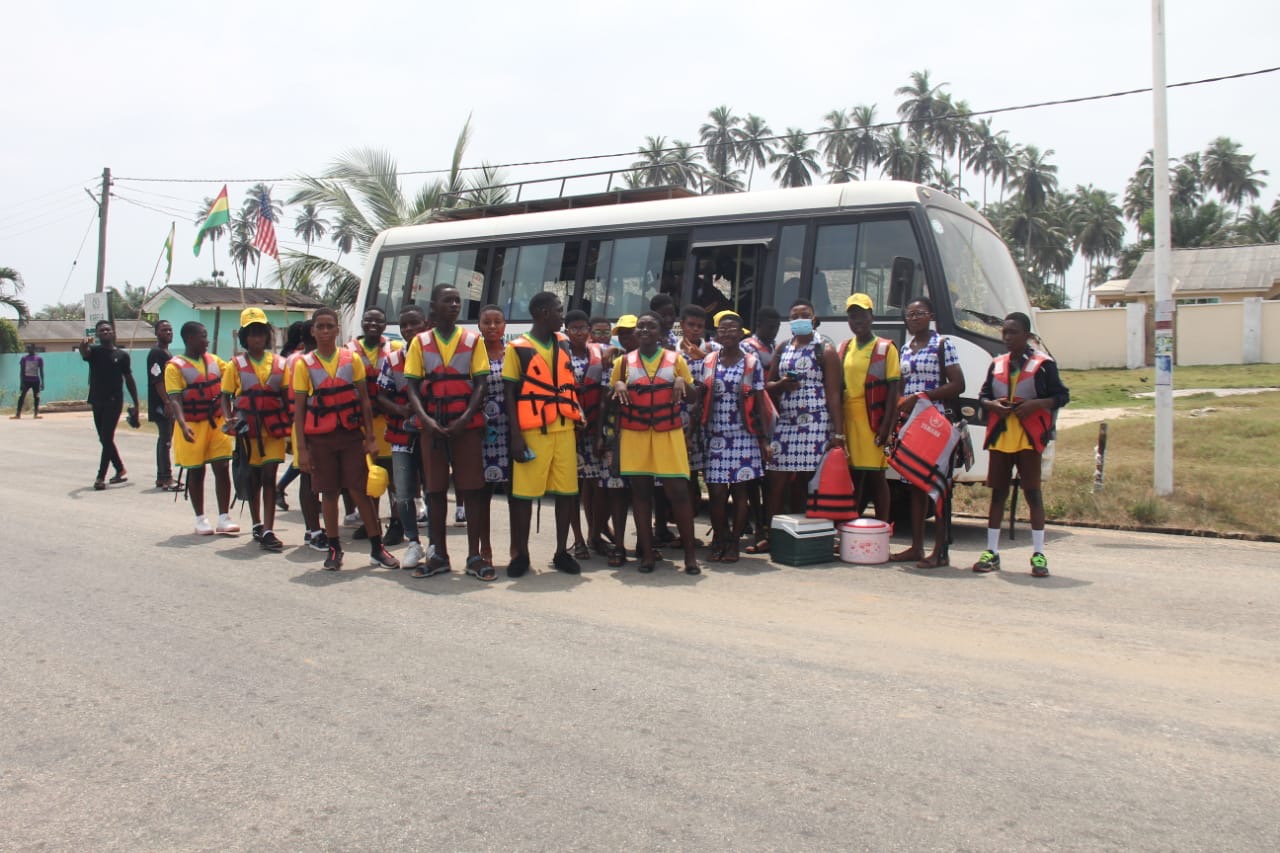 JHS pupils on an educational excursion with safety life jackets